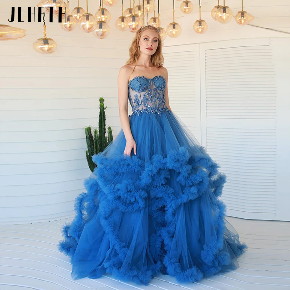 JEHETH Blue Charming Strapless Tulle Prom Dresses Women Elegant Appliques Ruffles Sweetheart A Line Evening Party Gowns Long
JEHETH Blue Charming Strapless Tulle Prom Dresses Women Elegant Appliques Ruffles Sweetheart A Line Evening Party Gowns Long