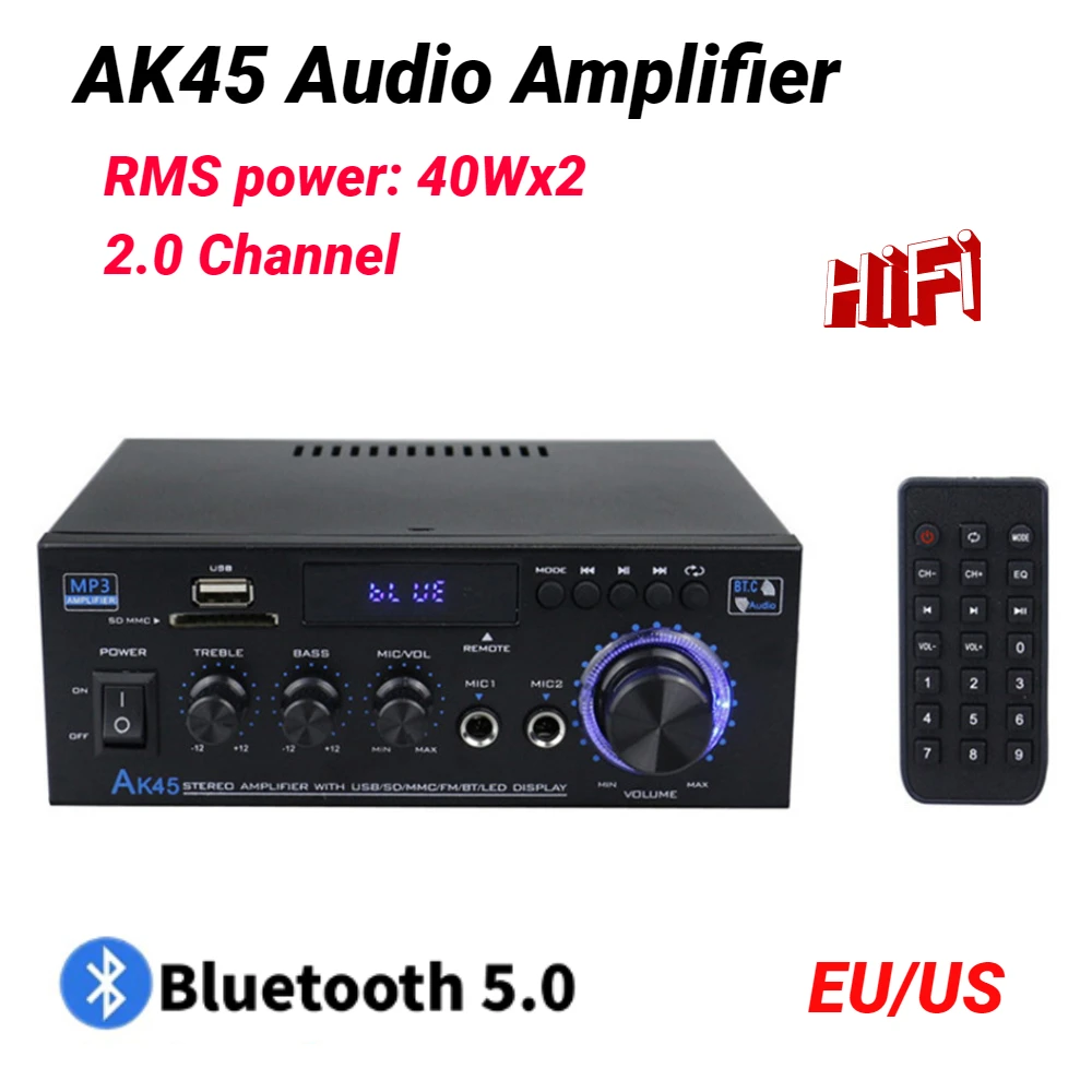 

AK45 HiFi Stereo Amplifier Receiver 40Wx2 2.0 Channel Audio Power Amplifier AC 90V-240V Bluetooth-compatible 5.0 for Home Car