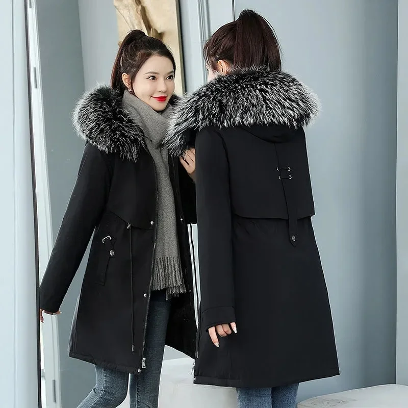 

2022 New Women's Parkas Winter Jacket Fur Collar Hooded Long Coat Thick Warm Female Cotton Padded Parka Fur Lining Outwear M-8XL