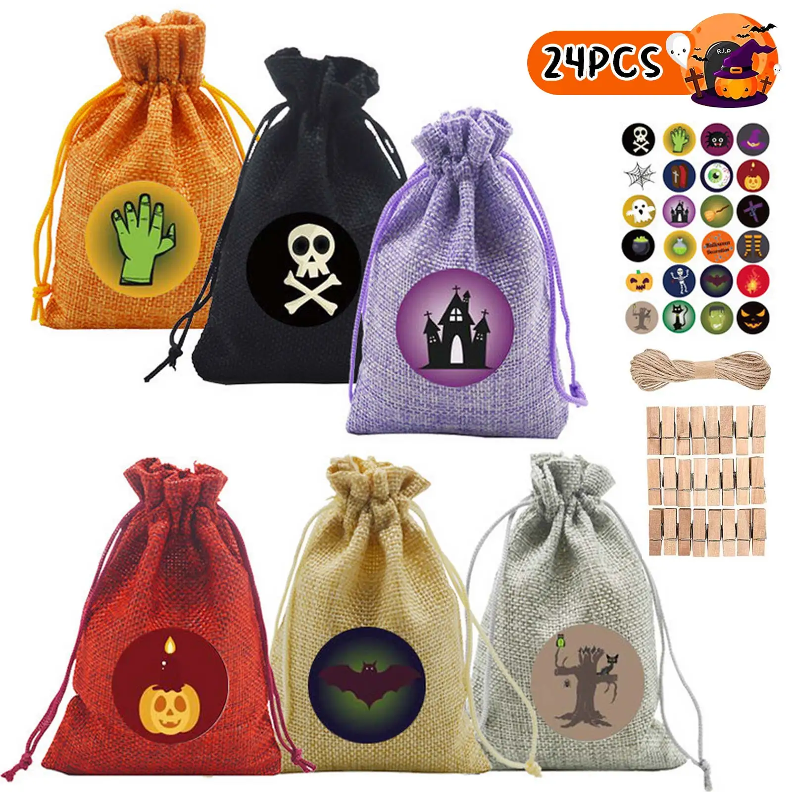24PCS Halloween Drawstring Candy Bags Linen Goodie Treat Bags 6 Colors with Clips Stickers Hemp Rope for Halloween Party Favor
24PCS Halloween Drawstring Candy Bags Linen Goodie Treat Bags 6 Colors with Clips Stickers Hemp Rope for Halloween Party Favor