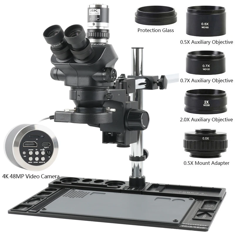 

Мультифокальный стерео тринокулярный микроскоп 3,5x-50X 100X 7050, 55MP 48MP 24MP 4K 1080P HDMI USB видео камеры, алюминиевый верстак