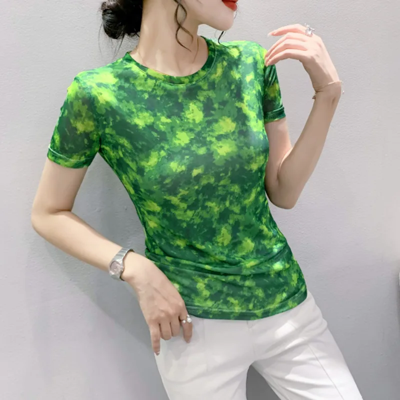 #6418 Tie Dye Green T Shirt Women Short Sleeve Office Elastic Mesh Tshirt O-neck Streetwear T-shirt Vintage Slim Summer Tee
#6418 Tie Dye Green T Shirt Women Short Sleeve Office Elastic Mesh Tshirt O-neck Streetwear T-shirt Vintage Slim Summer Tee