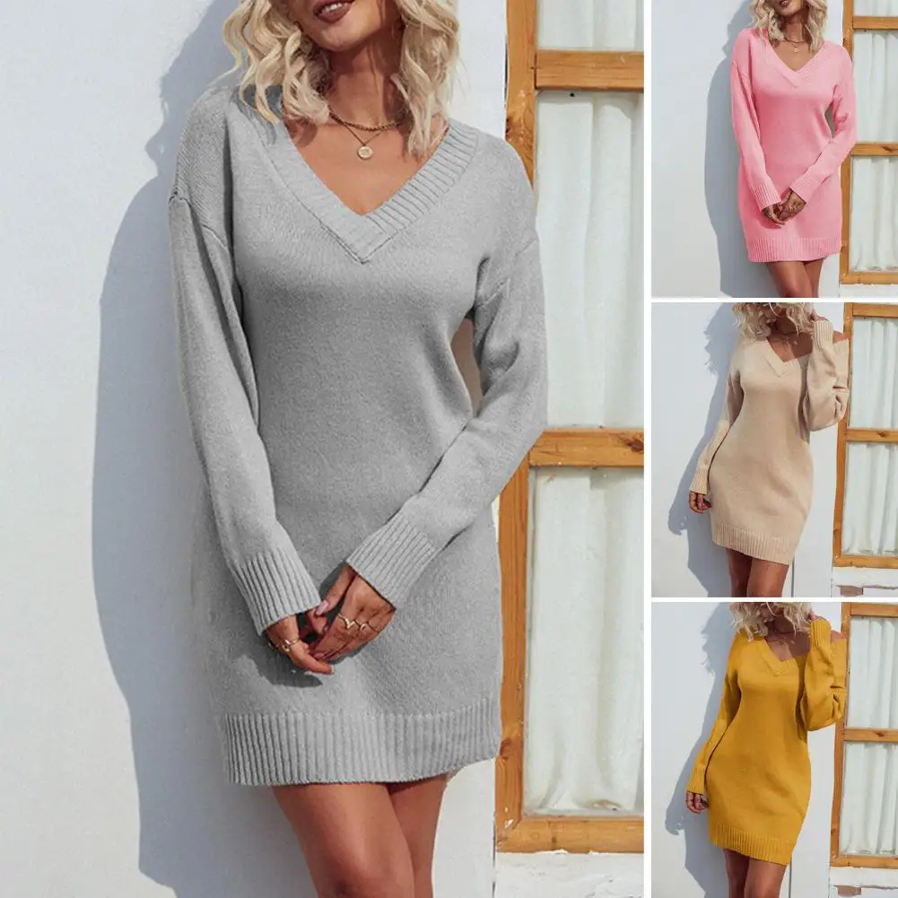 Women's V-neck Sweater Dress Long Sleeve Solid Color Autumn Winter Knitted Ribbed Edge Slim Bottoming Knitted Dress Streetwear
Women's V-neck Sweater Dress Long Sleeve Solid Color Autumn Winter Knitted Ribbed Edge Slim Bottoming Knitted Dress Streetwear