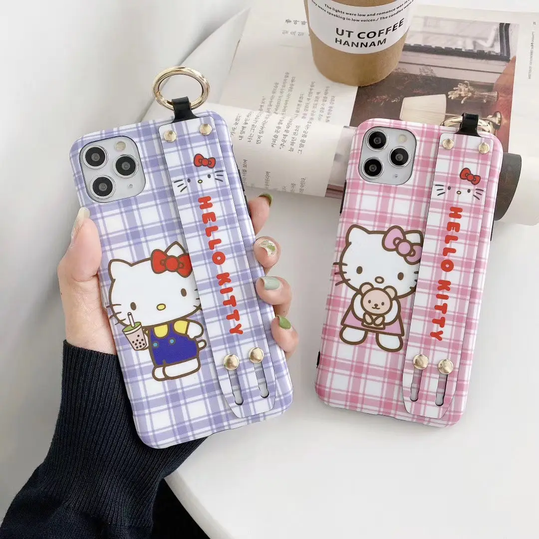 

Sanrio Lattice Hello Kitty with wristband Phone Case For iphone 11 12 13 Pro Max Mini X Xs Xr 7 8 Plus SE 2020 Transparent Cover