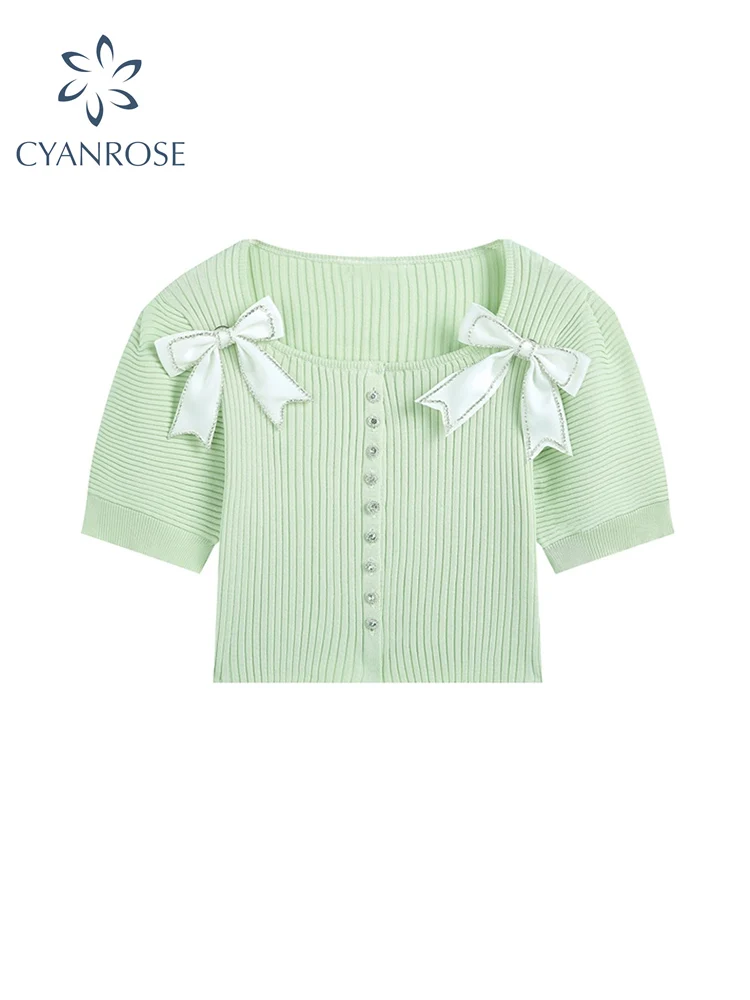 Women O-neck Bow Short Knitted Sweaters Cardigan Fashion Korean Style Sweet Casual Elegant Short Sleeve Single Breasted Crop Top
Women O-neck Bow Short Knitted Sweaters Cardigan Fashion Korean Style Sweet Casual Elegant Short Sleeve Single Breasted Crop Top