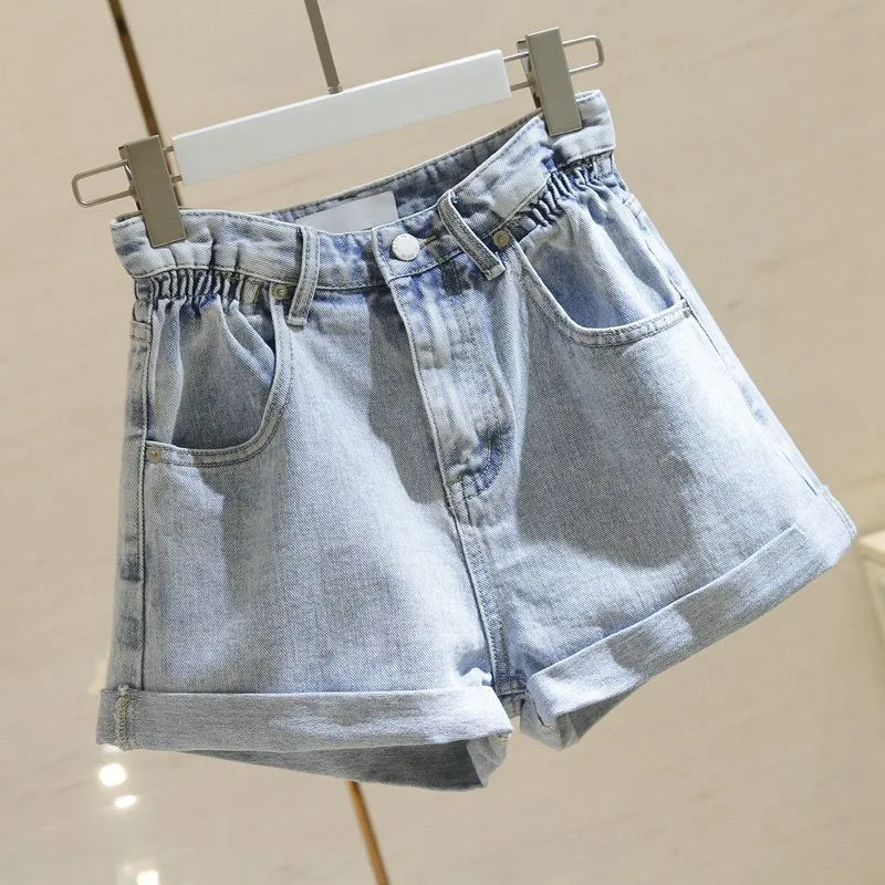 

High Waisted Denim Shorts Women's Loose Fitting Summer New Floral Bud Curly Hem Shows Thin Wide Leg A Line Hot Pants Fashion