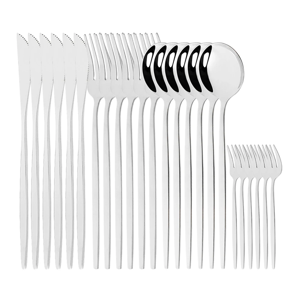 24Pcs/Set Silver Cutlery Set Stainless Steel Dinnerware Silverware Flatware Set Gold Dinner Knife Cake Fork Spoon Dropshipping
24Pcs/Set Silver Cutlery Set Stainless Steel Dinnerware Silverware Flatware Set Gold Dinner Knife Cake Fork Spoon Dropshipping