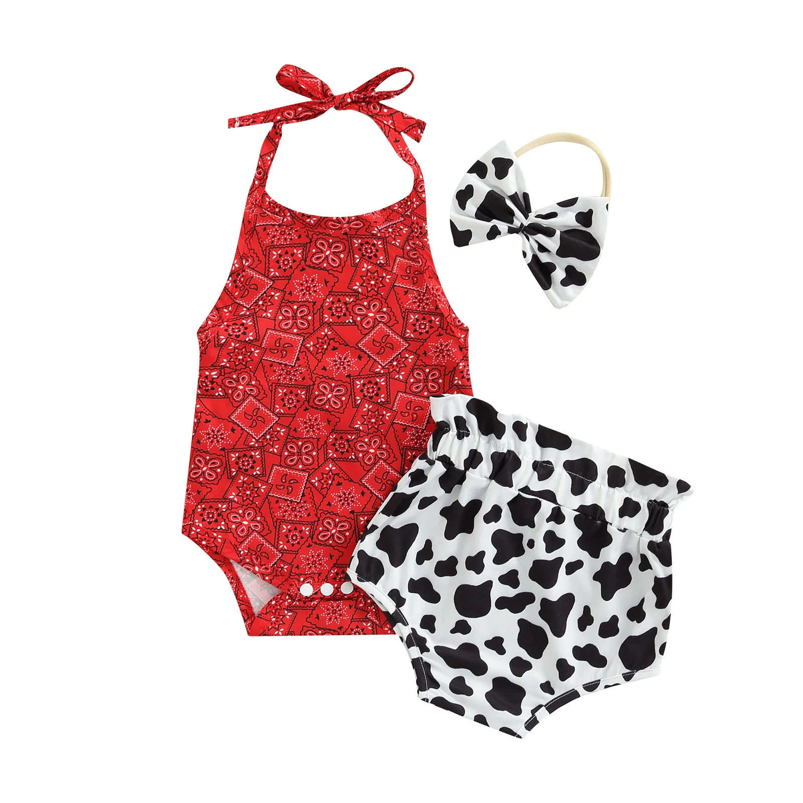 Infant Girl Halter Sleeveless Romper + Shorts + Bow Headband, Floral Milk Print Cool Summer Clothing
Infant Girl Halter Sleeveless Romper + Shorts + Bow Headband, Floral Milk Print Cool Summer Clothing