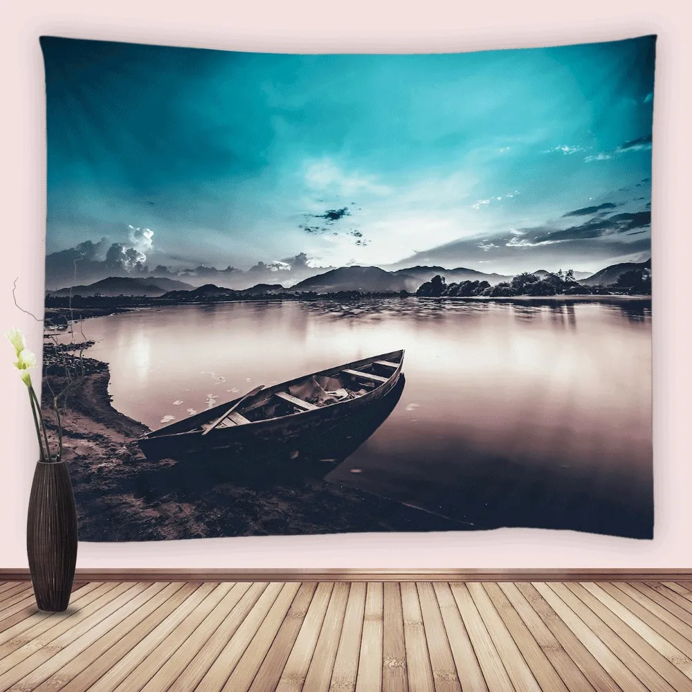 

Landscape Tapestry Lake Boat Mountain Scenery Blue Sky Natural Wide Wall Hanging Tapestries for Bedroom Living Room Dorm Decor