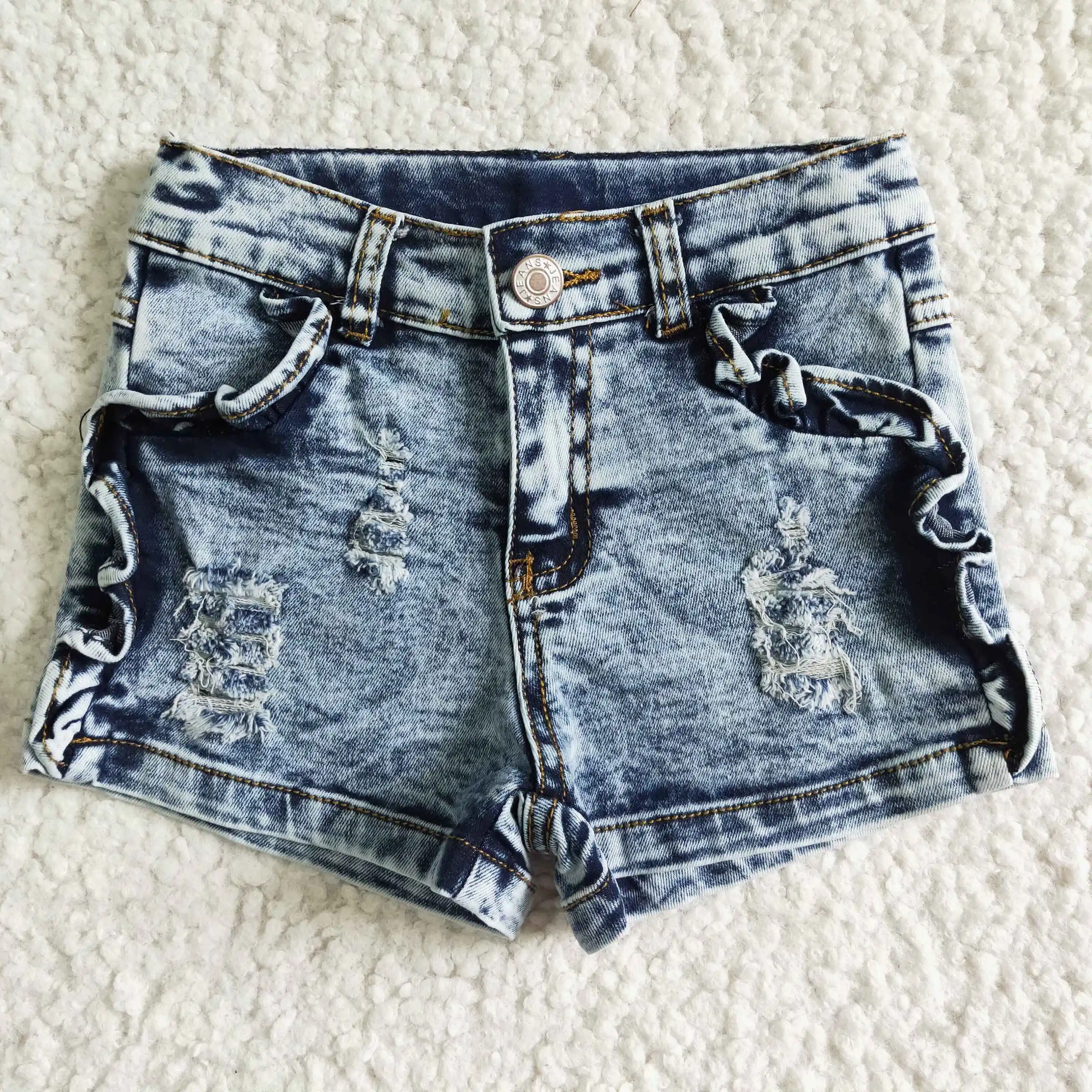 

Wholesale Kids Jeans Buttons Built-In Elastic Bleach Blue Pocket Baby Girls Summer Shorts Jeans