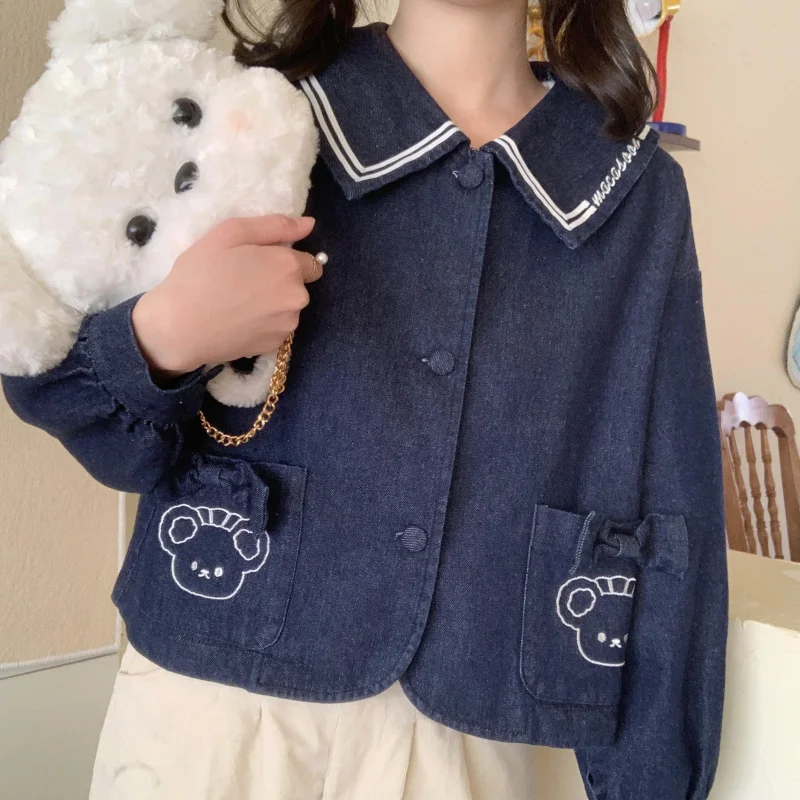 Spring New Harajuku Women Cartoon Cute Bear Embroidery Pocket Large lapel Sweet Girl Cowboy Short Coat Tops Student Jacket Gift
Spring New Harajuku Women Cartoon Cute Bear Embroidery Pocket Large lapel Sweet Girl Cowboy Short Coat Tops Student Jacket Gift