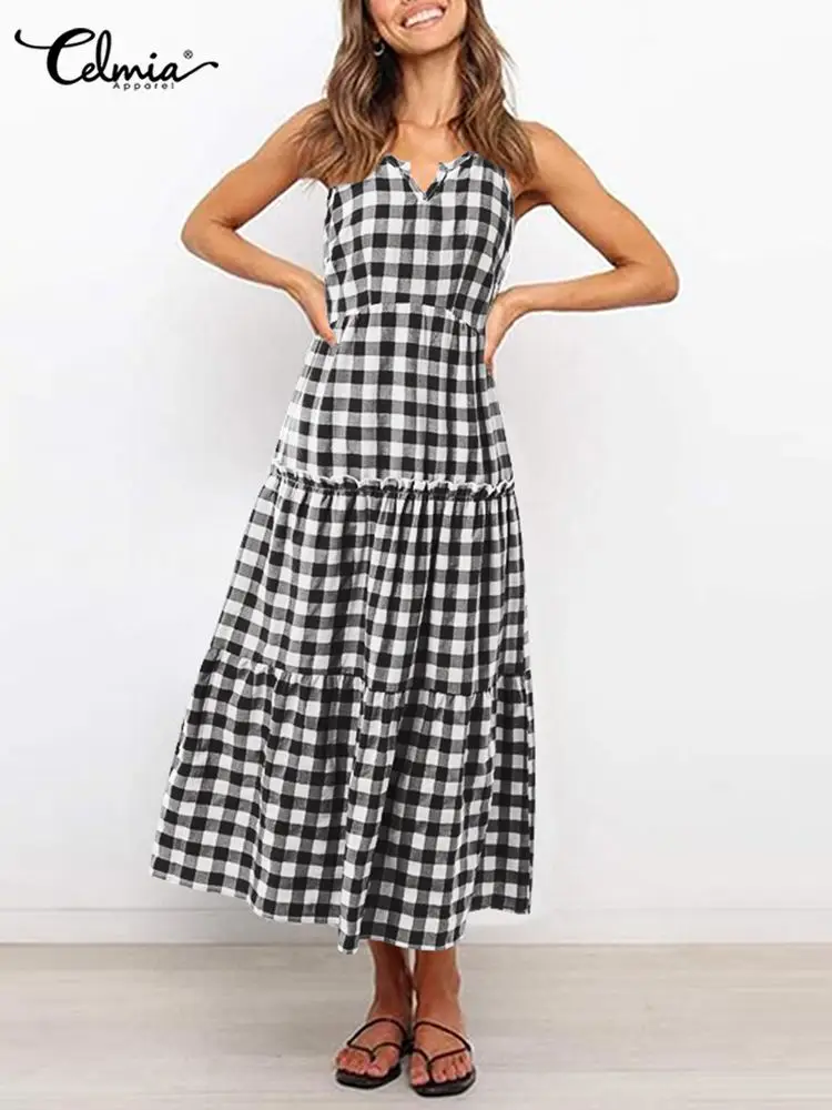 Celmia Bohemian Plaid Beach Robes Pleated Sexy Spaghetti Strap Casual Summer Sundress Party Sleeveless Women V Neck Maxi Dress
Celmia Bohemian Plaid Beach Robes Pleated Sexy Spaghetti Strap Casual Summer Sundress Party Sleeveless Women V Neck Maxi Dress