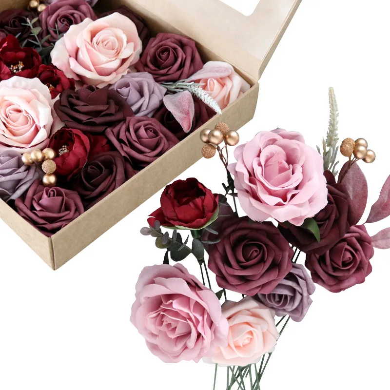 

Artificial Flowers Rose Combo Gift Box Set with Stem for DIY Valentine Mother's Day Wedding Floral Bouquets Decorations Burgundy