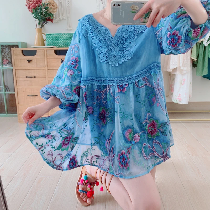 Spring Autumn Women Loose Plus Size Mori Kei Girl Lace Patchwork Blue Lantern Sleeve Floral Embroidered Chiffon Shirts/Blouses
Spring Autumn Women Loose Plus Size Mori Kei Girl Lace Patchwork Blue Lantern Sleeve Floral Embroidered Chiffon Shirts/Blouses