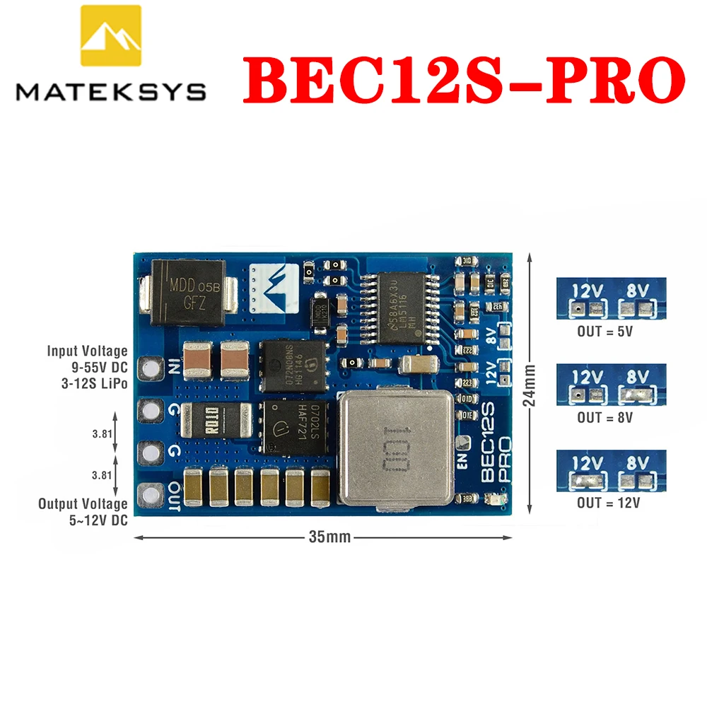 MATEK BEC12S-PRO 9-55V TO 5V/8V/12V-5A Bec Module Overcurrent Protection & Self-recovery for RC Airplane FPV Freestyle Drones
MATEK BEC12S-PRO 9-55V TO 5V/8V/12V-5A Bec Module Overcurrent Protection & Self-recovery for RC Airplane FPV Freestyle Drones
