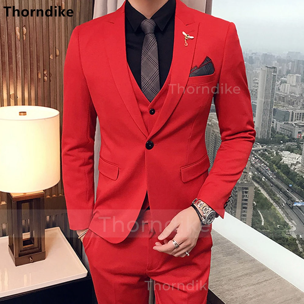 

Thorndike 2022 красный тонкий женский смокинг для жениха из 3 предметов с заостренным лацканом мужской модный костюм комплект (пиджак + жилет + брюк...