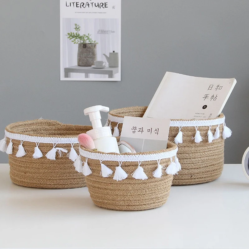 

Cotton Rope Storage Baskets Weaving Nordic Home Sundries Baby Toys Candy Tassels Storages Basket Desktop Small Organizer Box