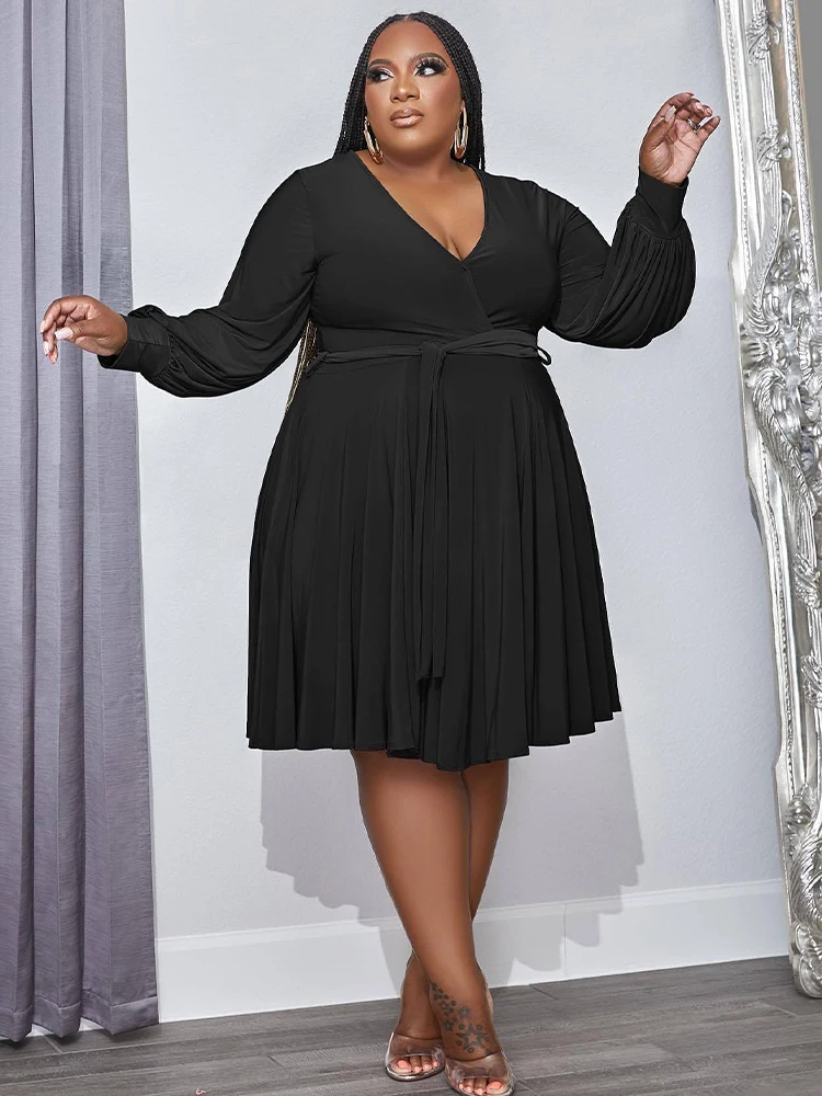 

ZJFZML ZZ Plus Size Fit and Flare Dresses Women's Costumes Classic Deep V Neck Long Sleeve High Waisted Pleated Knee Length Robe
