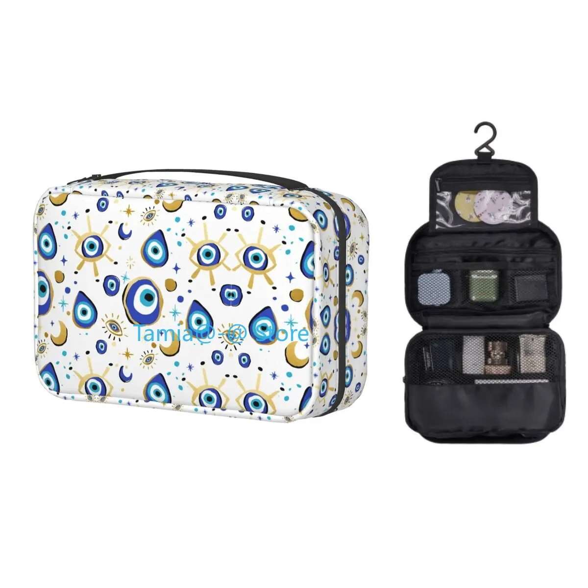 

Kawaii Mediterranean Blue And Gold Evil Eye Toiletry Bag Hanging Hamsa Nazar Amulet Boho Cosmetic Makeup Organizer Dopp Kit