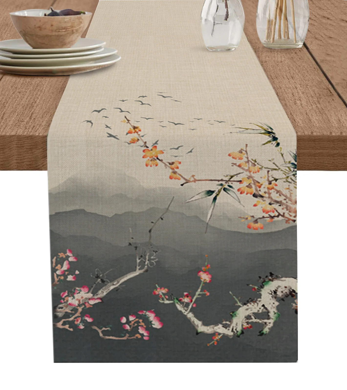 

Chinese Painting Plum Blossom Landscape Table Runner Cotton Linen Kitchen Dining Table Decor Rustic Wedding Holiday Tablecloth