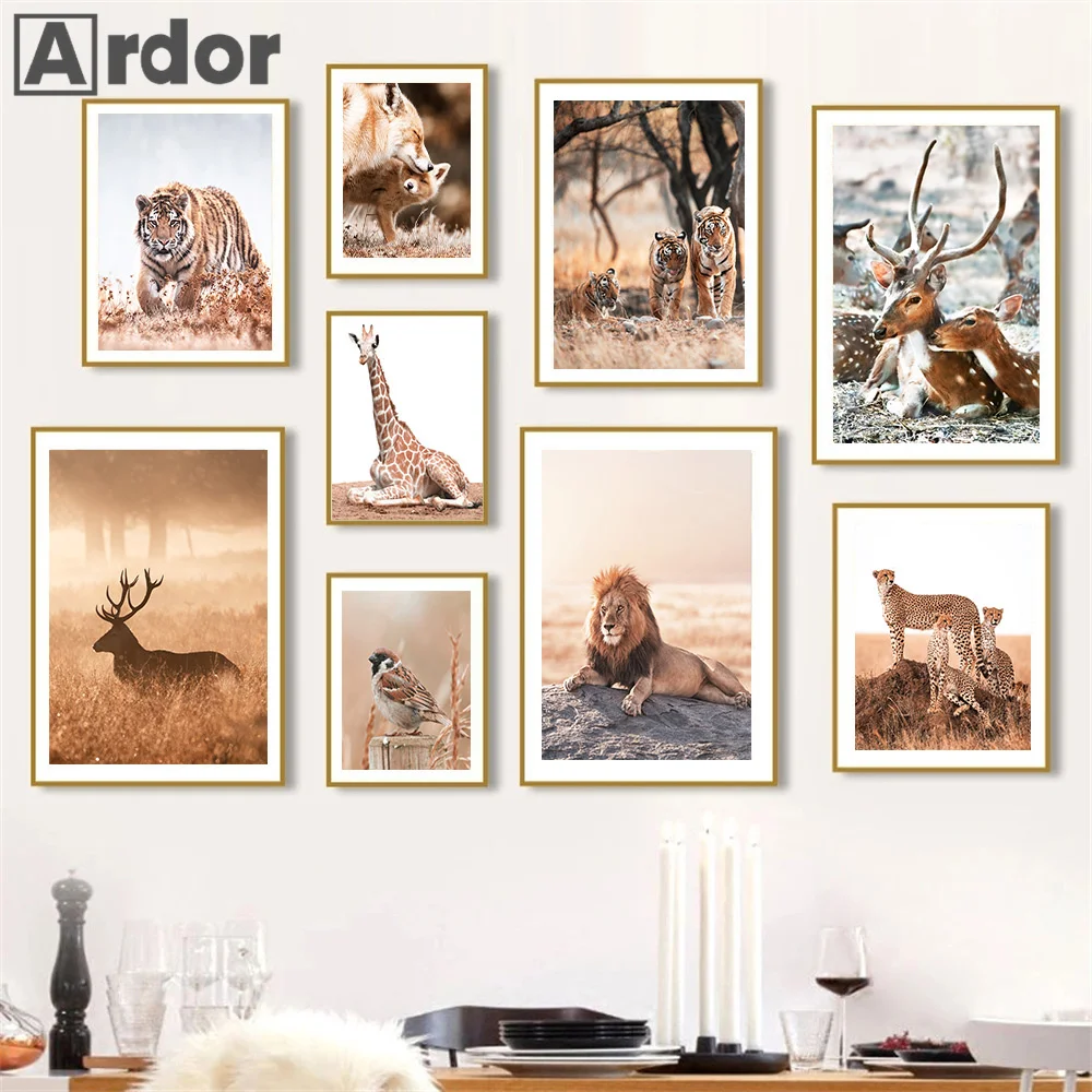 

Nordic Poster African Animal Lion Tiger Deer Giraffe Tiger Leopard Bird Wall Art Canvas Painting Pictures Living Room Home Decor
