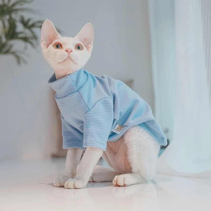 

Apparels for Sphynx Cat Blue Striped Cotton Undershirt for Devon Rex Long sleeves Winter Coat for Kittens Dogs AutumnPet Product