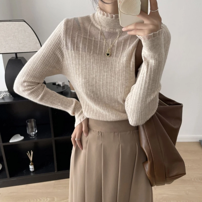 Autumn Ruffled Lace Half Turtleneck Ribbed Knit Sweaters for Women Long Sleeve Fashion Slim Pullover Top Basic T-Shirts
Autumn Ruffled Lace Half Turtleneck Ribbed Knit Sweaters for Women Long Sleeve Fashion Slim Pullover Top Basic T-Shirts