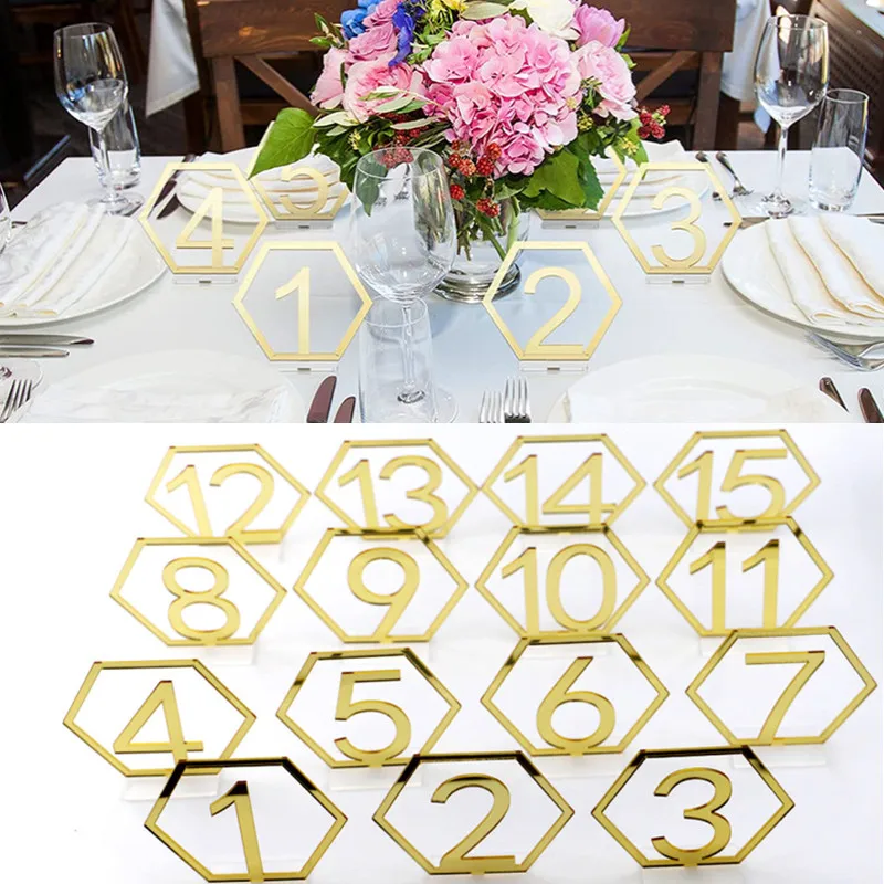15Pcs Acrylic Table Numbers Hexagon Hollow Out Seat Numbers with Holder Base for Wedding Valentine's Day Party Events Decoration
15Pcs Acrylic Table Numbers Hexagon Hollow Out Seat Numbers with Holder Base for Wedding Valentine's Day Party Events Decoration