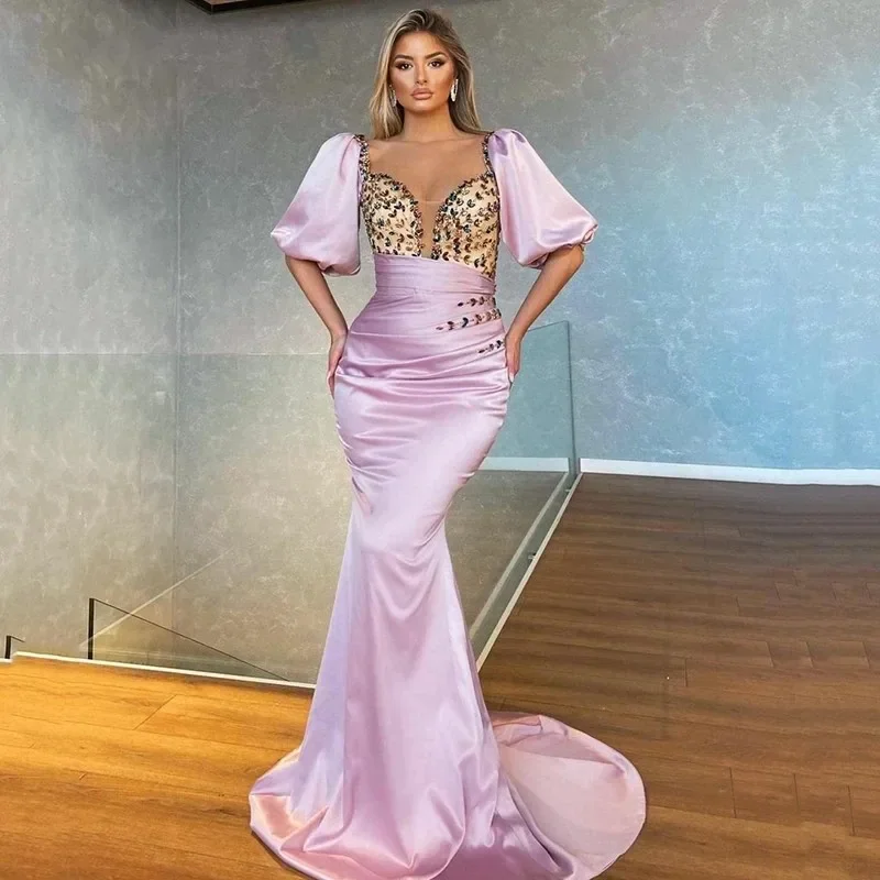 Purple Sexy Mermaid Evening Dresses Half Puffy Sleeves Crystal Pleats Prom Saudi Arabia Modern Party Gown
Purple Sexy Mermaid Evening Dresses Half Puffy Sleeves Crystal Pleats Prom Saudi Arabia Modern Party Gown
