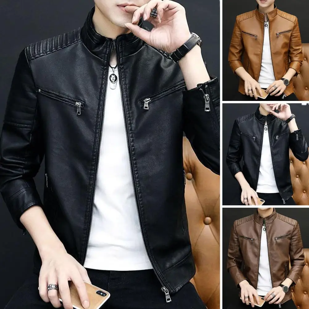 

Men Jacket Vintage Biker Coat Durable Men's Jacket for Outdoor Daily Wear Autumn Warmth Casual Style Zipped Pocket Coat