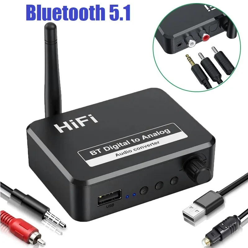 

Digital to Analog Audio DAC Converter Adapter Digital SPDIF Optical Toslink to 3.5mm 3.5 AUX Jack RCA L/R Bluetooth 5.1 Receiver