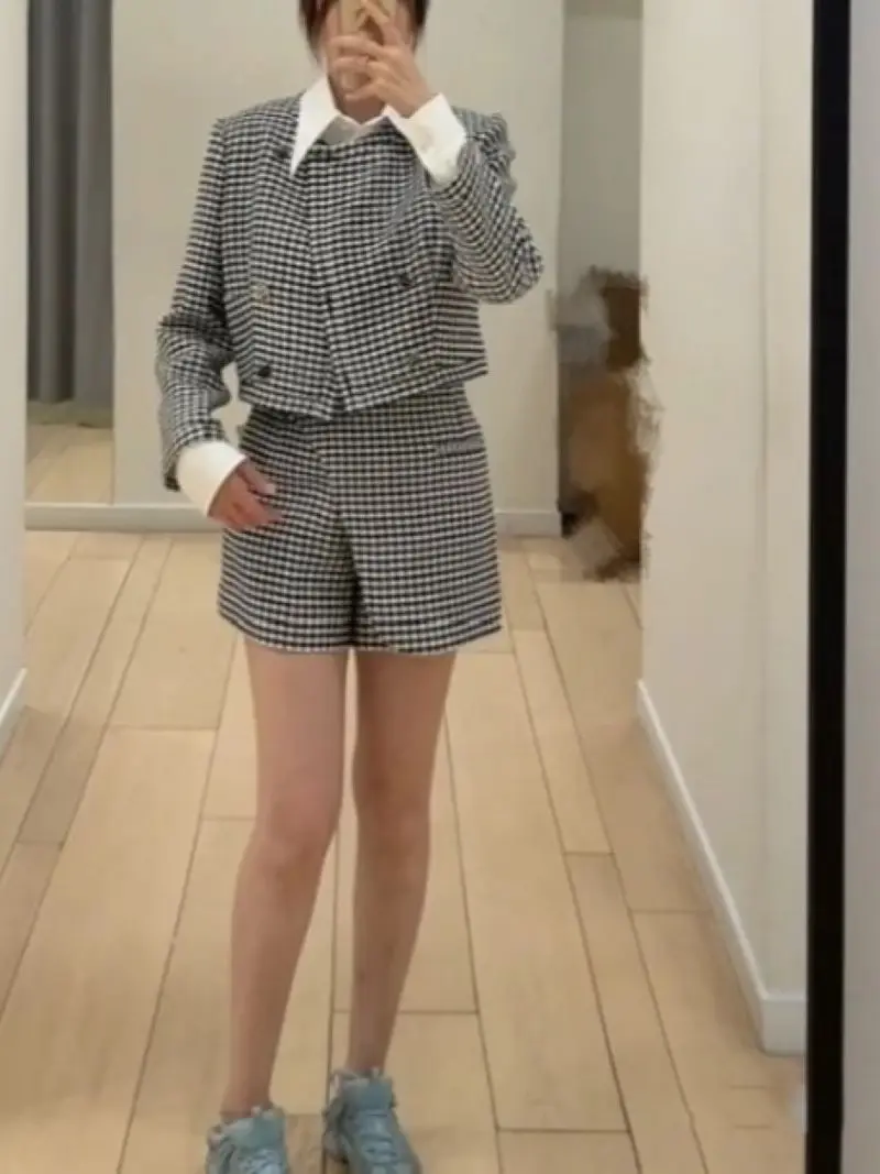 

Women's Tweed Houndstooth Set Double Breasted O-Neck Long Sleeve Jacket or Diagonal Placket High Waist Shorts Skirt
