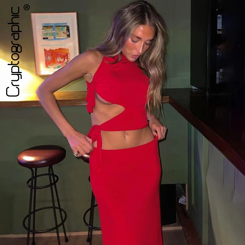 

Cryptographic Sexy Cut Out Side Tie Up Tanks Top and Skirt Co-Ords Two Piece Set Elegant Fashion Outfits Matching Sets In Red