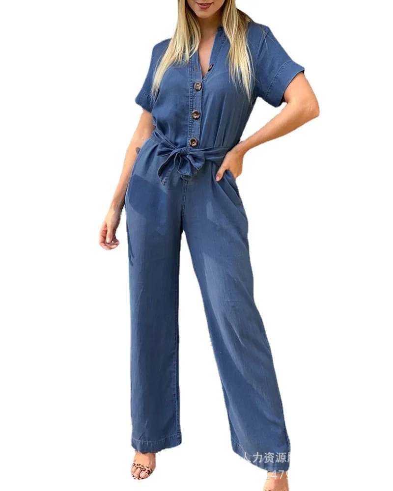 Women's Jumpsuit 2022 Women's Blue Denim Mid-Sleeve Jumpsuit Elegant Long Women's One Piece Wide Leg Pants with Belt
Women's Jumpsuit 2022 Women's Blue Denim Mid-Sleeve Jumpsuit Elegant Long Women's One Piece Wide Leg Pants with Belt