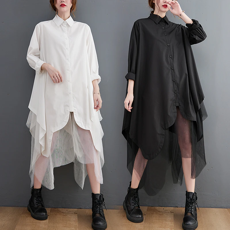 Spring And Autumn Women's Design Loose And Irregular Spliced Mesh Shirt Polo Neck White Long Sleeve Top
Spring And Autumn Women's Design Loose And Irregular Spliced Mesh Shirt Polo Neck White Long Sleeve Top