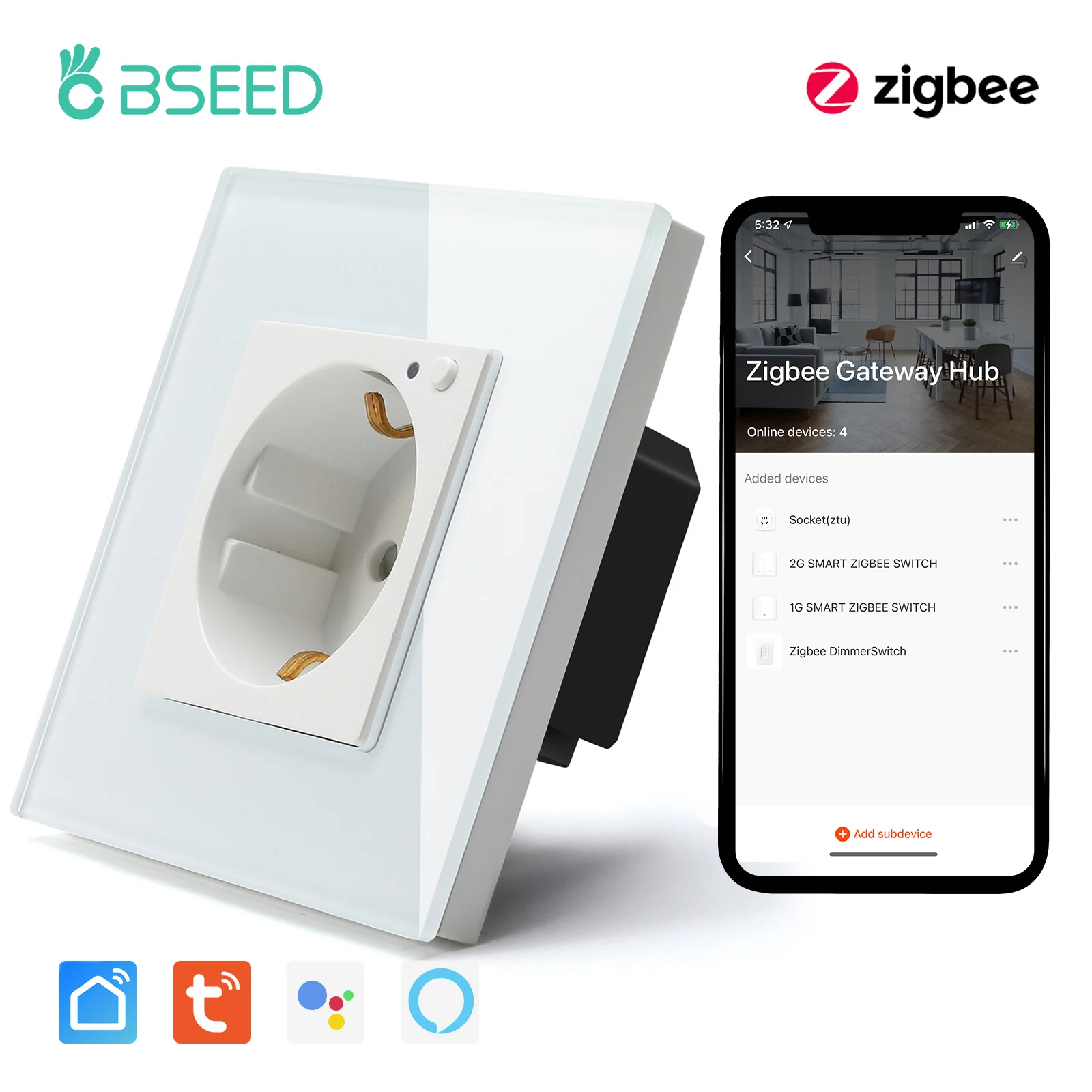 BSEED EU Standard Zigbee Smart Wall Socket Power Socket 220V 16A With On/Off Backlight Work With Tuya Alexa Smart Life
BSEED EU Standard Zigbee Smart Wall Socket Power Socket 220V 16A With On/Off Backlight Work With Tuya Alexa Smart Life