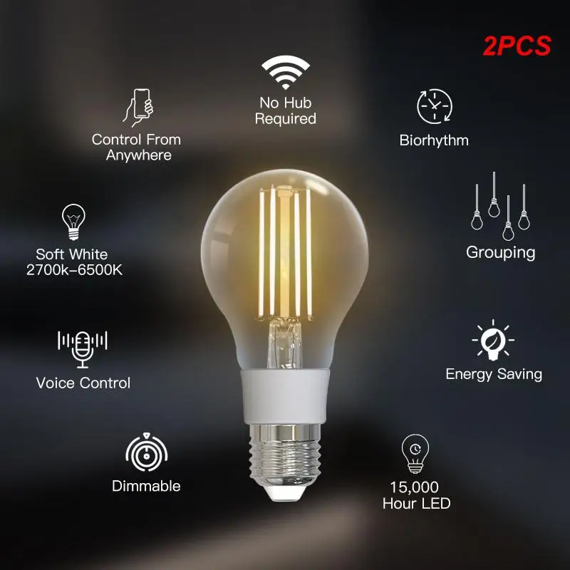 

2PCS WiFi Smart Filament Bulb LED Light Lamp E27 Dimmable Lighting 2700K-6500K 806Lm Tuya Alexa Voice Control 90-250V 7W