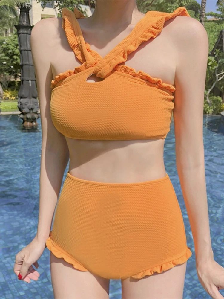 Real Shot Korean Bikini Set Ruffle Cross-shoulder Ginger Color Split Triangle Swimsuit Female High Waist Cover Belly Swimsuits
Real Shot Korean Bikini Set Ruffle Cross-shoulder Ginger Color Split Triangle Swimsuit Female High Waist Cover Belly Swimsuits