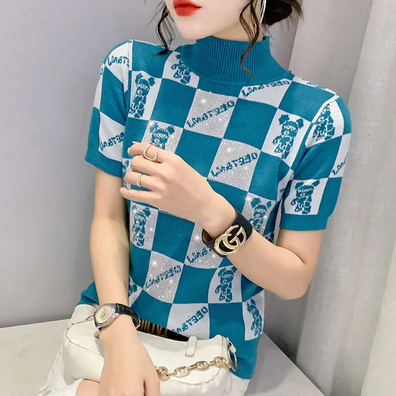 tops2022 spring new plaid hot drill short-sleeved knitted women's T-shirt half turtleneck slim pullover top trendy y2k
tops2022 spring new plaid hot drill short-sleeved knitted women's T-shirt half turtleneck slim pullover top trendy y2k