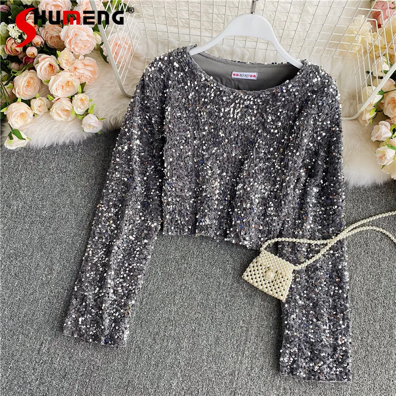 Socialite Elegant Women's Gray Sequin Crop Top 2022 New Punk Crew Neck Long Sleeve Sequin Short T-shirt for Women Goth Clothes
Socialite Elegant Women's Gray Sequin Crop Top 2022 New Punk Crew Neck Long Sleeve Sequin Short T-shirt for Women Goth Clothes