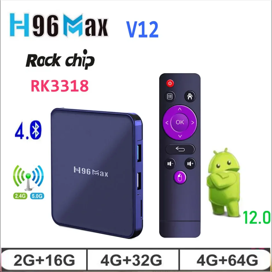 

Android 12 H96 MAX V12 Smart TV BOX RK3318 Quad Core 2.4G/5G Dual Wifi 2GB 4GB 32GB BT4.0 HDR Google Player Youtube Media Player