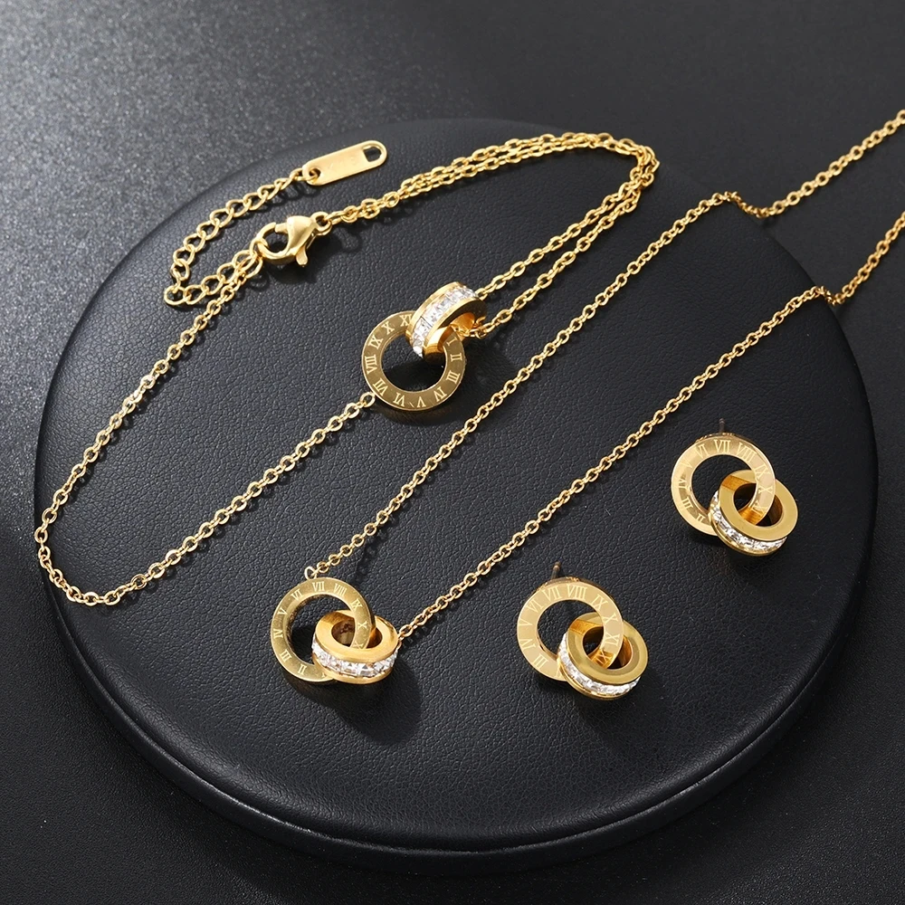 

316L Stainless Steel Roman Numerals Jewelry Set Gold Color Earrings Necklace Bracelet Best Gift for Friends