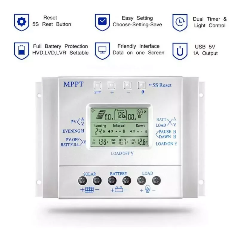 L Series MPPT Solar Controller 80A 60A Solar Panel Regulator Charge Controller 12V/24V 1000W/2000W LCD With Light Timer Control
L Series MPPT Solar Controller 80A 60A Solar Panel Regulator Charge Controller 12V/24V 1000W/2000W LCD With Light Timer Control