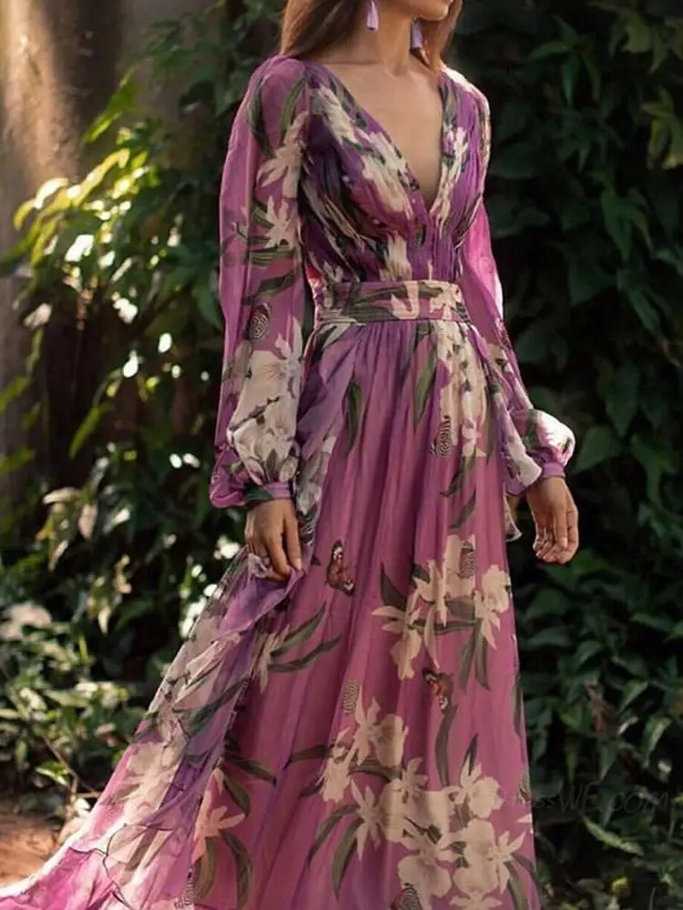 Chiffon long-sleeved dress printed waist fashion British V-neck foreign trade big swing skirt
Chiffon long-sleeved dress printed waist fashion British V-neck foreign trade big swing skirt