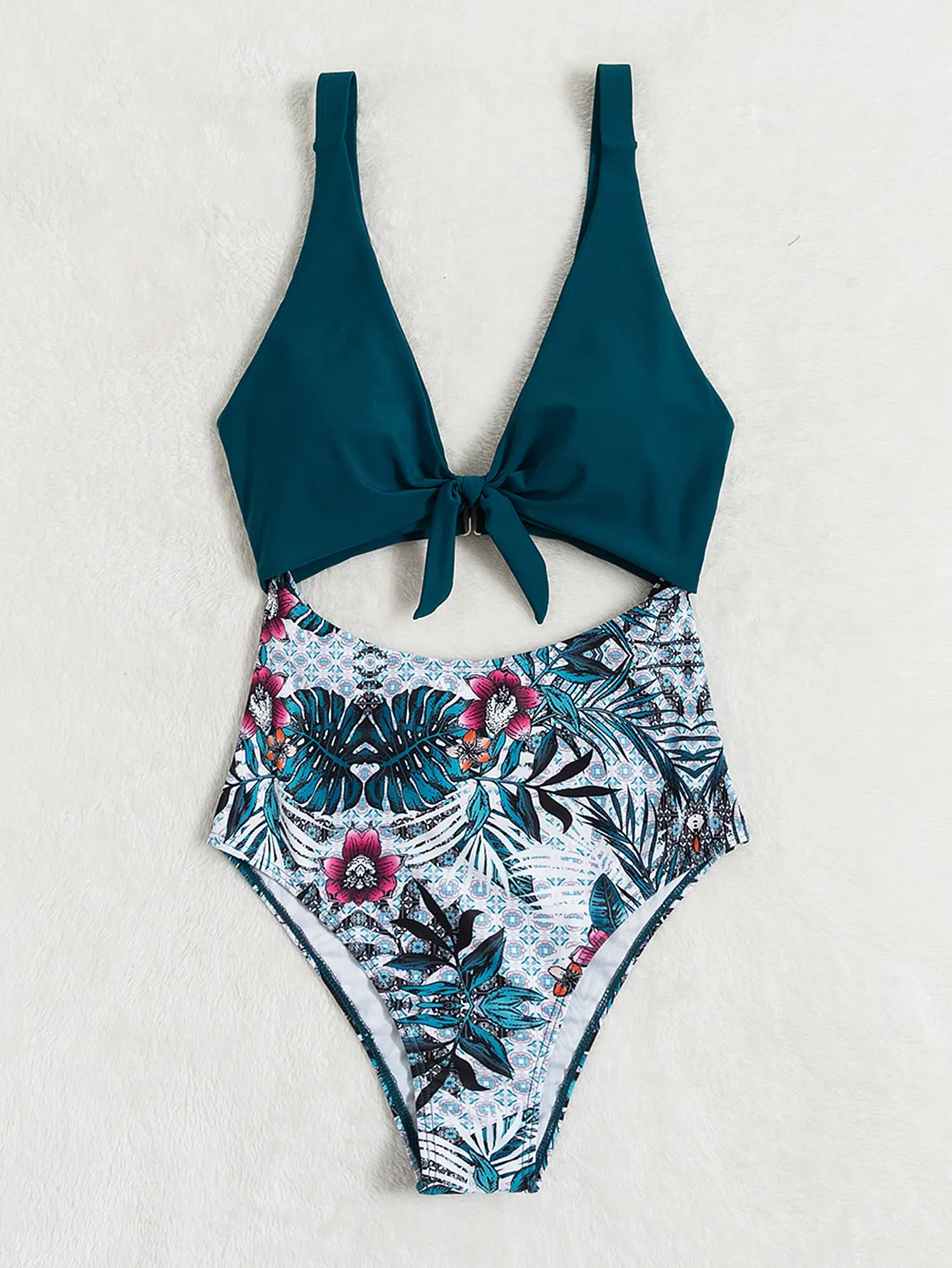 

Floral Women Sexy Cutout One Piece Swimsuits Tummy Control High Waisted Front Tie Knot Bathing Suit 2022 Open Back Swimwear