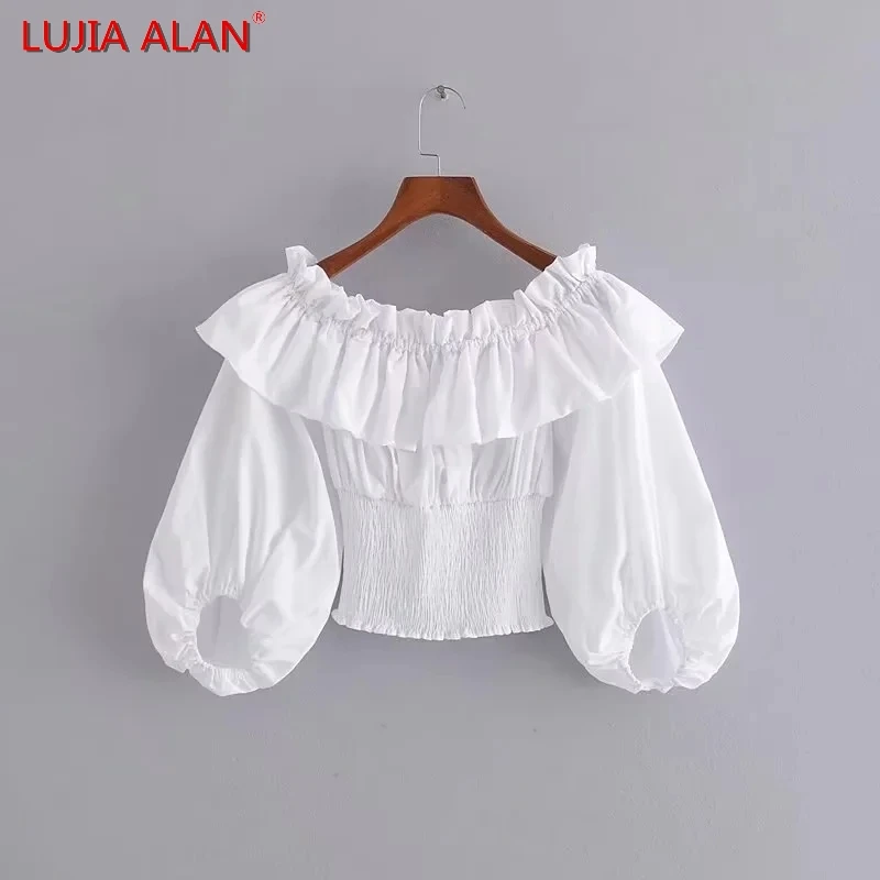 

Summer New Women Slash Neck Cascading Ruffle Short Shirt Female Lantern Sleeve Blouse Casual Elastic Tops LUJIA ALAN B1929