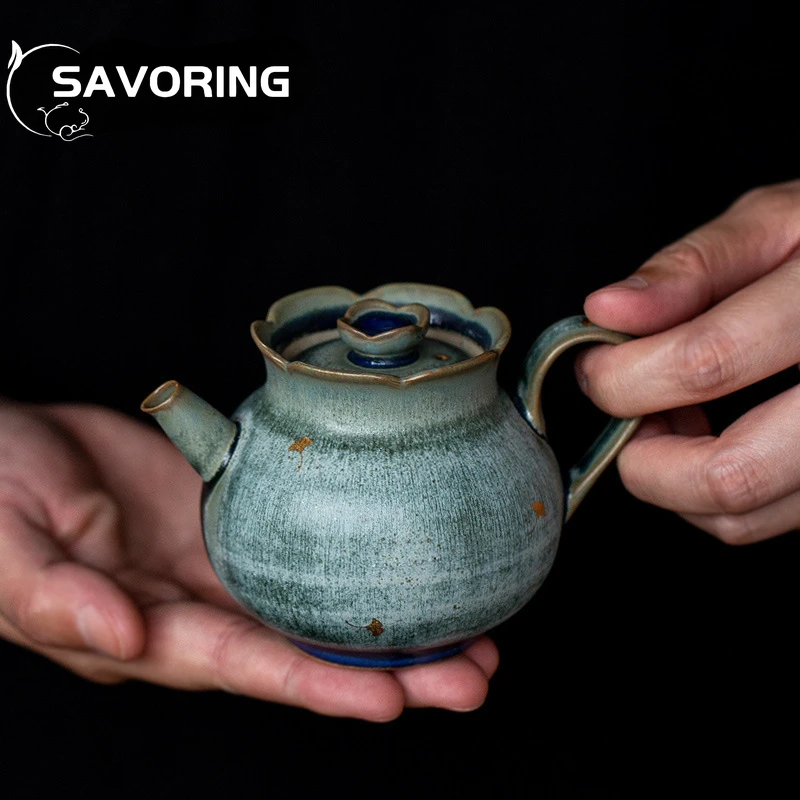 

170ml Kiln Change Flower Pot Handmade Coarse Pottery Retro Chinese-style Teapot Ceramic Green Glaze Ball Hole Filter Small Pot