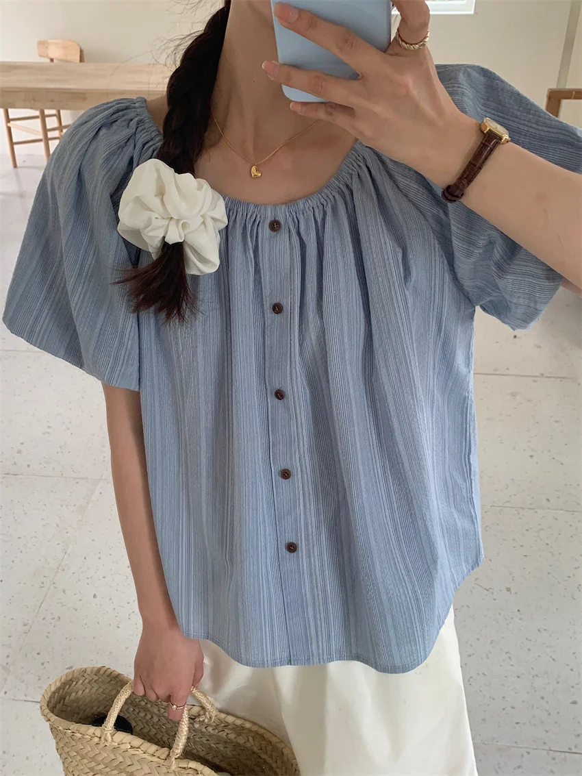 

Alien Kitty All Match Blouses Women Slash Neck Solid New Casual 2023 Office Lady Short Puff Sleeve Loose Chic Gentle Summer