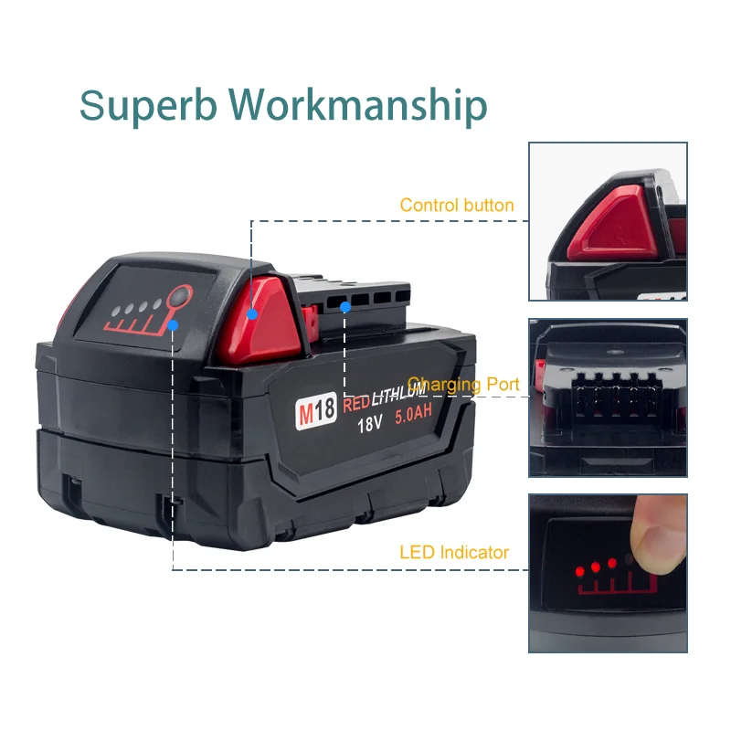 Перезаряжаемый литиевый аккумулятор и зарядное устройство 18 в 5000 мАч подходят для Milwaukee M18 48-11-1815 48-11-1850 2646-20 2642-21CT
Перезаряжаемый литиевый аккумулятор и зарядное устройство 18 в 5000 мАч подходят для Milwaukee M18 48-11-1815 48-11-1850 2646-20 2642-21CT