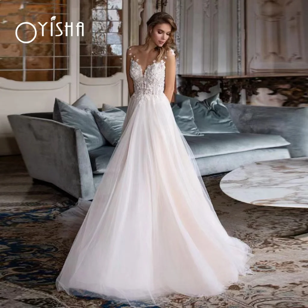 

OYISHA Modern Scoop Neck Wedding Dresses For Women 2023 Illusion Tulle Lace Appliques Bridal Gowns Cap Sleeves Vestidos De Novia
